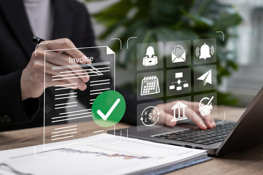 Invoice Management and Automated Payment Process Concept, Businesswoman Managing E-Invoice System, Digital Billing, Online Invoicing, Payment Tracking, Financial Workflow and Accounting Automation