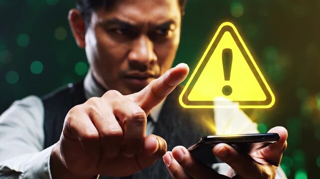 A focused man in business attire points at a smartphone with a glowing warning triangle overlay now