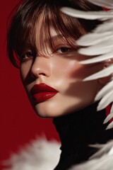 Elegant Portrait of a Woman with Dramatic Red Lips and Soft Feather Details Against Bold Red Background Capturing Intensity and Elegance