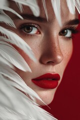 Close-Up Portrait of Woman with Bold Red Lips Amidst White Feather Accents Against a Deep Red Background Highlighting Detailed Features and Expressive Eyesclose-up