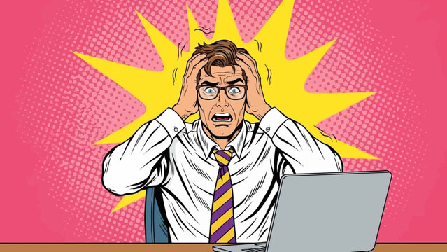 Stressed Businessman with Laptop: Pop Art Style