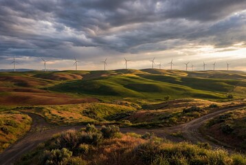 Wind turbines on rolling green hills under a dramatic cloudy sky during sunset in a rural landscape