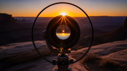 Camera Lens Focusing on Sunset Landscape.