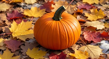 Pumpkin Amidst Autumn Leaves - A Vibrant Fall Harvest Scene.