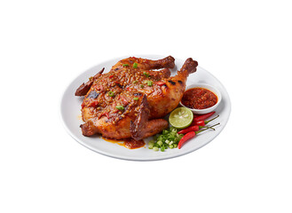 Delicious Roasted Chicken with Spicy Sambal and Fresh Condiments on White Plate