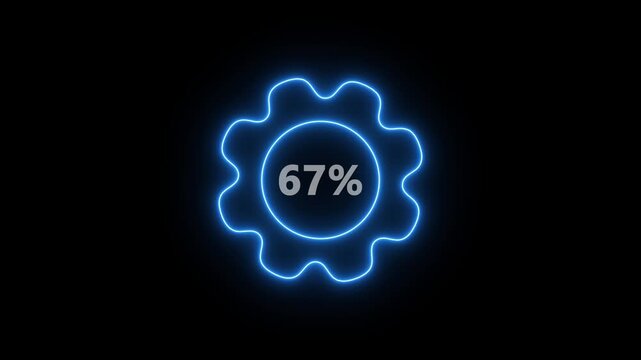 Glowing Blue Gear with 67 Percent Progress Indicator on Dark Background gear progress indicator percentage sign