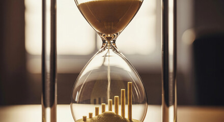 Hourglass shows investment growth concept. Time affects financial growth. Illustration shows bars going up inside sand clock. Rising profit and wealth depend on duration of investment.