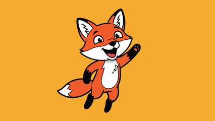 Obraz premium Cheerful cartoon fox standing upright waving with front paw on orange background