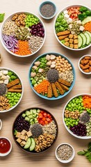 Colorful and Healthy Buddha Bowls - A Variety of Fresh Ingredients.