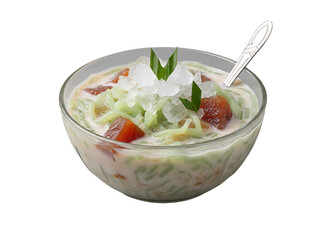 Close-up Refreshing Es Cendol Dessert with Jackfruit and Ice Cubes