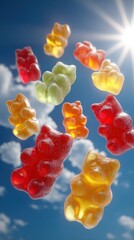 Colorful Gummy Bears Floating in Sunny Sky with White Clouds; Vibrant Candies Creating Playful, Whimsical AtmosphereGummy bears