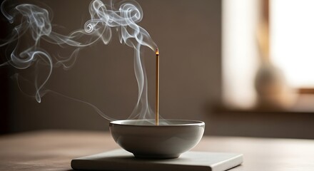 Incense stick burning in a bowl with smoke in a serene setting.