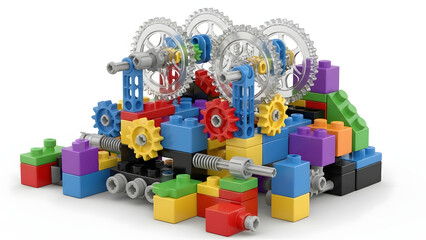 A vibrant engineering model built with interlocking plastic bricks, displaying an array of transparent and colored gears.