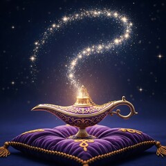 Magical Lamp on Cushion with Sparkling Trail in Night Sky.