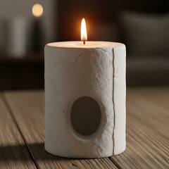 Minimalist Candle with Hole on Wooden Surface, Warm Light.