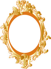 An elegant oval golden frame with ornate baroque scrollwork and floral embellishments