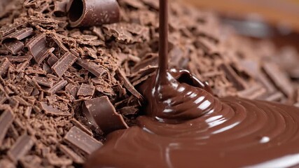 Delicious melted chocolate sauce being poured in a luscious stream over a generous heap of dark chocolate shavings and chunks creating a rich and decadent dessert scene perfect for food advertising a.