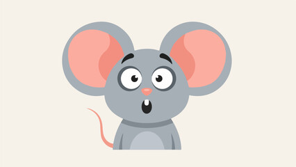 Fototapeta premium Playful cartoon mouse character with pink ears and gray body, surprised expression, isolated on white background