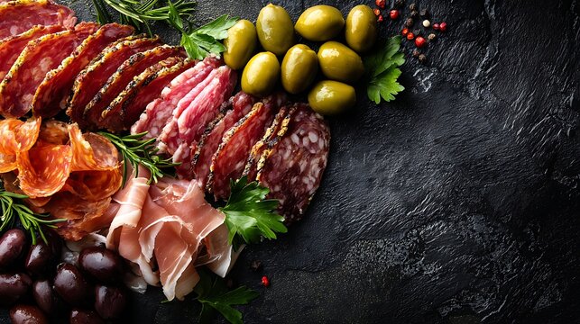 Awesome photo of gourmet charcuterie board with assorted sliced salami, prosciutto, olives and fresh herbs on dark slate.