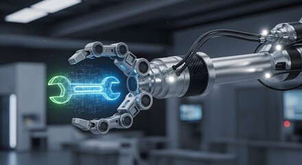 Mechanical robotic hand holding glowing holographic wrench symbol in dark futuristic workshop representing automated maintenance and digital repair technology