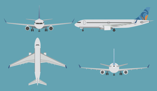 Commercial Airplane Views Set &ndash; Front, Side, Top and Rear View Vector Illustration