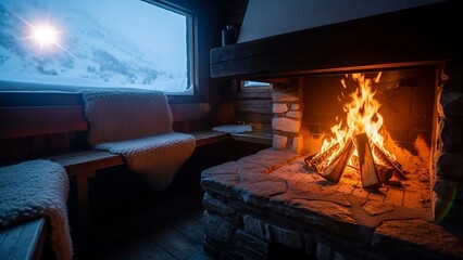 Cozy Living Room with Fireplace and Snowy View.