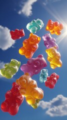 Vibrant Multicolored Gummy Bears Soaring Against Clear Blue Sky with Sunlight and Fluffy White Clouds on a Bright Day