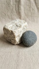 two textured stones on a neutral backdrop a large pale blocky rock and smaller dark pebble