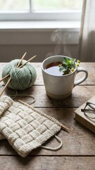 steaming cup of herbal tea next to a half finished knitting project delicate and healthy mood