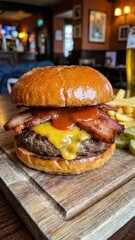 juicy bacon cheeseburger with melted cheddar beef patty and tangy sauce on toasted glossy brioche bun