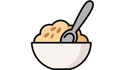Simple cartoon illustration of a bowl of warm oatmeal or porridge with a spoon, ready for breakfast.