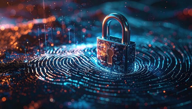 Digital Security Padlock on Fingerprint with Futuristic Glow.