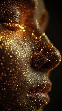 Golden Touch: Close-up of a person's face adorned with shimmering gold particles, embodying an essence of luxury and allure.