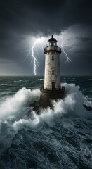 Obraz premium Dramatic Lighthouse Storm Photography Powerful Waves Ocean Lightning Coastal Beacon Safety Resilience