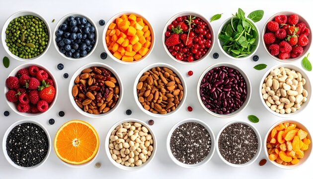 Assortment of Healthy Superfoods in White Bowls Top View.
