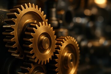 Interlocking Gears of Industry: An intimate view of meshing golden gears, symbolizing the intricate mechanics and harmonious operations, the photo embodies the core of industry's relentless drive.