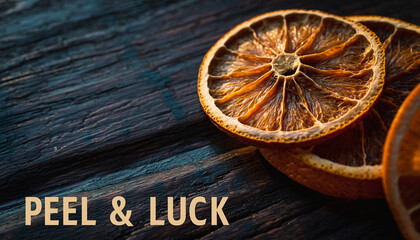 Tangerine Peel Art. Gong Xi Fa Cai. Still life composition for simple home tradition with the text "PEEL & LUCK". The design detailed and rustic, with a dried orange peel and dark wood surface.
