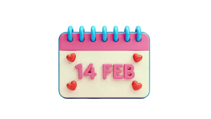 3D Calendar Showing February 14th with Hearts
