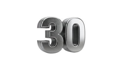 3D Chrome Number 30 on transparent background