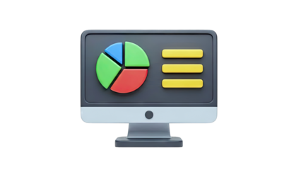 3D Computer Monitor with Pie Chart and Data Bars