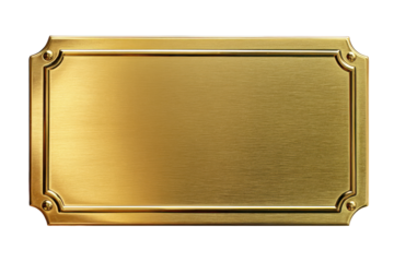 Brushed gold rectangular plaque with decorative corners on black background golden metal