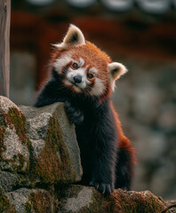 Curious red panda resting paws on a stone ledge in a natural woodland environment