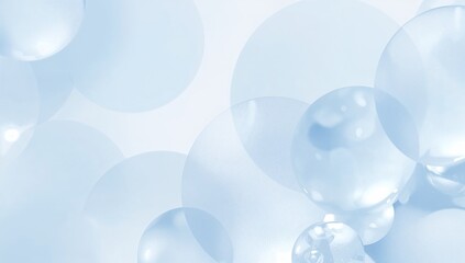 Dreamy translucent spheres float gracefully in an ethereal, abstract light blue background, creating a serene and modern minimalist composition with a soft focus effect