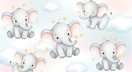 Cute Baby Elephants in Dreamy Sky - Whimsical Nursery Art.