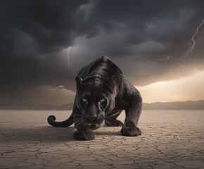 Black panther stalking across dry desert landscape beneath dramatic lightning storm