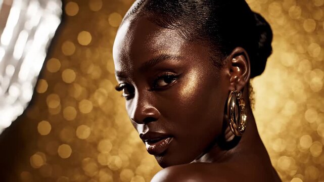 Dramatic studio portrait of a black woman posing, highlighting luxurious woman treatment against a shimmering gold bokeh.