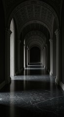 Fototapeta premium Dramatic Gothic Architecture Interior Long Hallway Marble Floor Stone Arches Dark Moody Photography