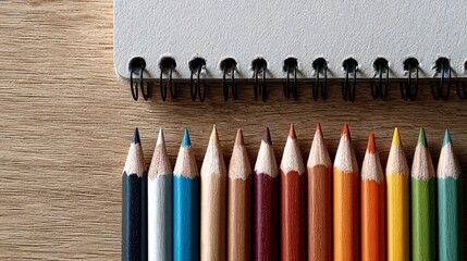 close-up view of various colorful pencil crayons arranged in a row next to a spiral-bound notebook on a wooden table, showcasing vibrant hues and artistic diversity