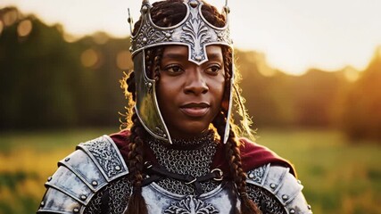 Empowered queen in shining armor surveys her kingdom with golden hour light, embodying strength and medieval royalty in motion