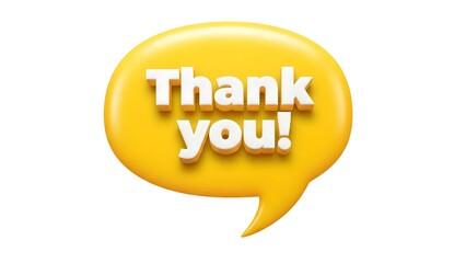 A bright yellow speech bubble with the words Thank you! on a transparent background